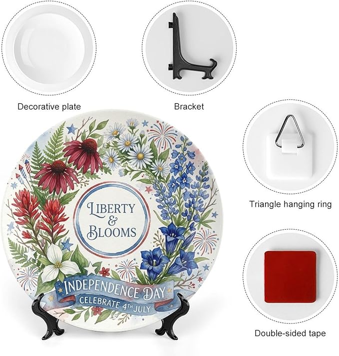 250th Anniversary Decorative Plates 8 Inch Patriotic Decorations Floral Plates with Stand 4th of July Independence Day Veterans Day Home & Office Decor