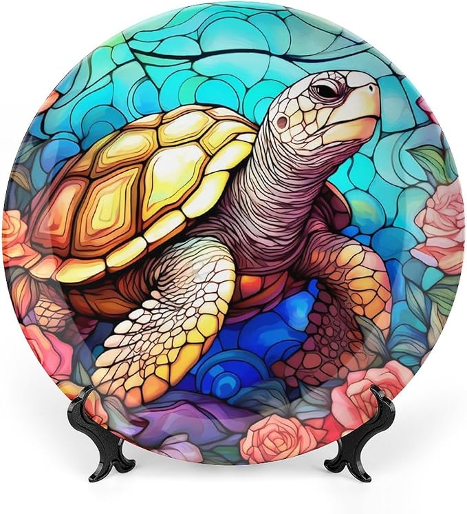 Decorative Plates for Home Decor, Sea Turtle Stained Glass Print Decor Tray for Table Display, Ceramic Dinner Plate W/Stand, Living Room Dining Room Decor, Gifts for Turtle Lovers, 6 Inch