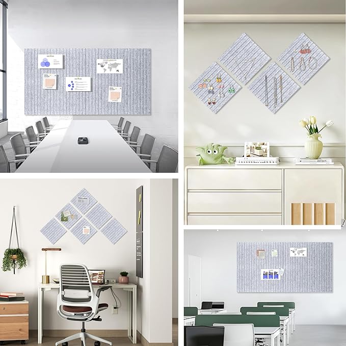 Large Cork Board for Office, 8 Pack Felt Wall Tiles with Slat Wall Paneling and Safe Removable Adhesive Tabs, Felt Bulletin Board Pin Board Cork Boards for Walls - Gray Marble