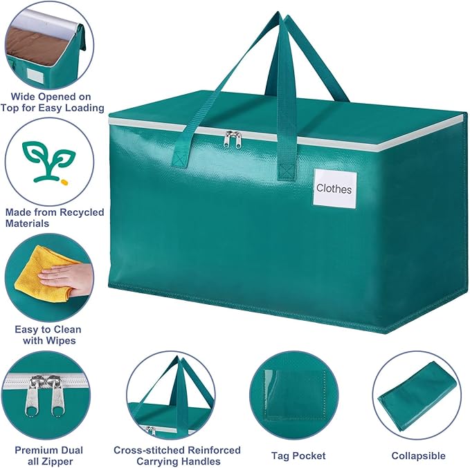 StorageRight Moving Bags-Heavy Duty Moving Boxes, Storage Totes with Zipper, Reinforced Handles and Tag Pocket-Collapsible Moving Supplies for moving, Storage and Travel 93L(Green-6 Pack)