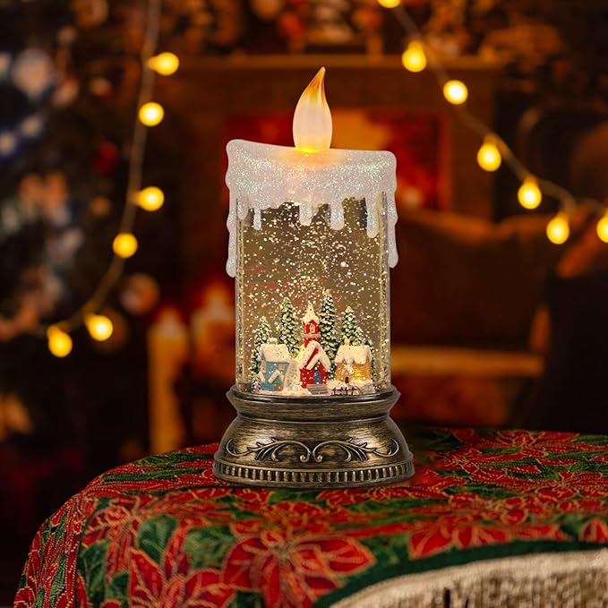 Christmas Snow Globe Candle with Timer & Music, Snowy Cabin Scene, Swirling Glittering Candle Shaped Snow Lantern, USB/Battery Operated Lighted Lantern for Christmas Decoration