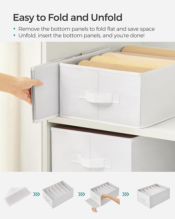 SONGMICS Set of 4 Large Size Wardrobe Clothes Organizers, 6-Compartment Foldable Drawer Organizers with Handles, 16.5 x 11.8 x 6.7 Inches, for Pants, Sweaters, Jeans, Cloud White URUS009W04