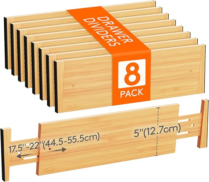 Lifewit 5" High 8 Pack Bamboo Drawer Dividers 45-55cm/17.5-22" Adjustable Wooden Drawer Organizer for Clothes/Utensils, Expandable Drawer Separator for Dresser/Kitchen/Bedroom/Office Organization