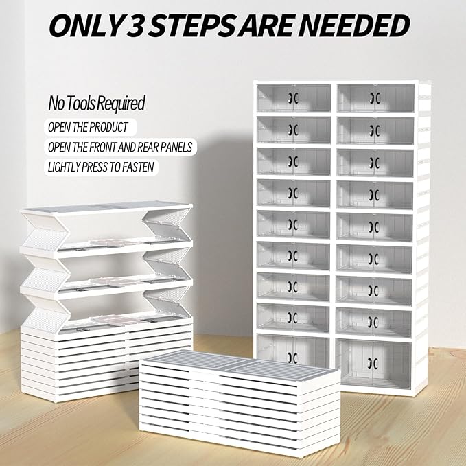 FAHKNS Foldable Shoe Rack, Transparent Shoe Boxes with Magnetic Double Doors, Shoe Organizer Storage for Entryway/Bedroom/Cloakroom, Large Shoe Cabinet with Hidden Bottom Roller 9 Tiers 4 Row (White)