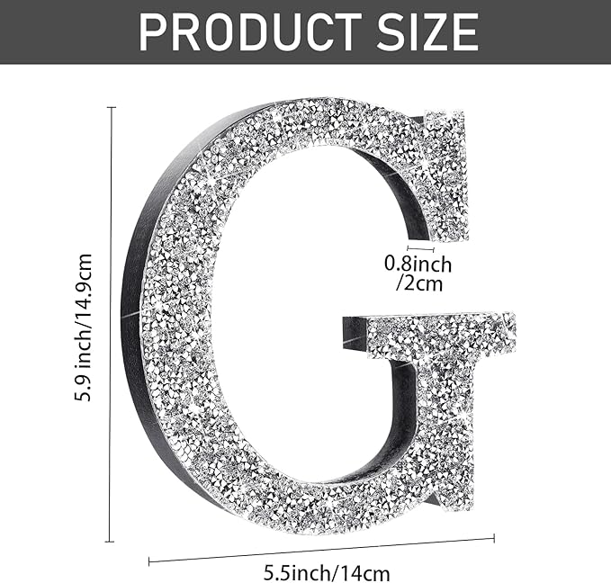 Qunclay 5.7" Silver Crystal Diamond Bling Letters Crushed Diamond Decoration Wooden Glitter Letter with Screw and Hooks Rhinestone Gift for Wedding Y2k Mcbling Bedroom Wall Decor (Letter G)