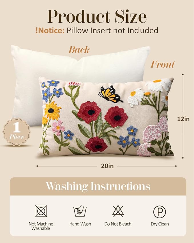 Embroidered Lumbar Pillow Cover 20x12 Inch - Spring Summer Boho Decorative Pillow Cover with Zipper for Living Room Couch Sofa Bed Aesthetic Design Retro Flower Cushion Pillowcase