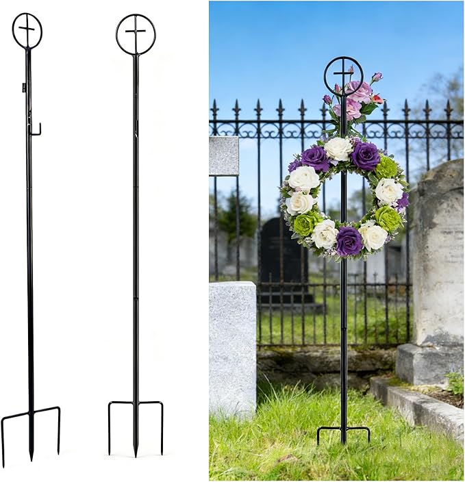 succulentlovers 2PCS Cemetery Wreath Stands, 38" Christmas Metal Wreath Holder Stand with Cross 3 Pronged Decor, Gravestone Wreath Hanger Headstone Flower Holder for Xmas Memorial Day Graveside Decor