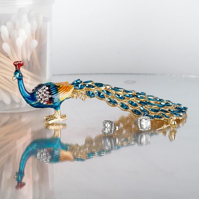 Enameled Peacock Jewelry Box - Hand Painted Collectible Figurine with Crystal Rhinestones, Women and Girls for Rings and Earrings Valentine Decor Gifts