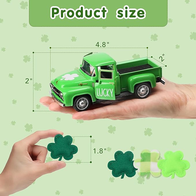 St. Patrick's Day Decorations for Home - Decor for Tiered Tray Metal Farm Truck with 3 Shamrocks Saint Patricks Day Vintage Diecast Pickup Truck Model for Shelf Table Centerpiece Décor Mini 4.8inch