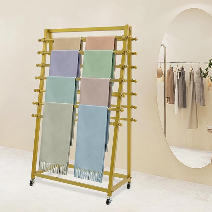 15 Tier Ribbon Holder Organizer Rack, Movable Scarf Towel Holder, Double-Sided Scarf Rack with Lockable Wheels, Floor Standing Ribbon Organizer for Craft Room Cake Shop Flower Store (Gold)