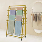 15 Tier Ribbon Holder Organizer Rack, Movable Scarf Towel Holder, Double-Sided Scarf Rack with Lockable Wheels, Floor Standing Ribbon Organizer for Craft Room Cake Shop Flower Store (Gold)
