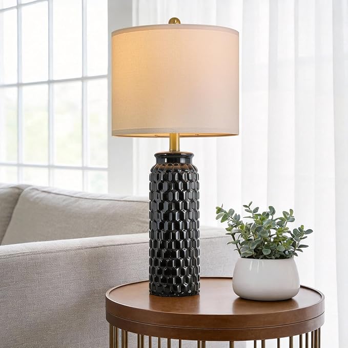 USumkky 27" Ceramic Table Lamps Set of 2 - Modern Farmhouse & Boho Style, Bedside Nightstand Lamps for Bedroom, Living Room End Table Lamps, Small Desk Lamp(Black)