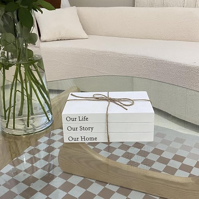 Decorative Books for Home Decor, White Faux Books for Decoration, Rustic Farmhouse Stacked Display Books (Our Life Our Story Our Home)