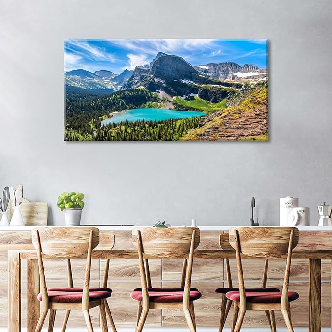 Mountain Canvas Wall Art Teal Saint Mary Lake Landscape Wall Decor Glacier National Park Canvas Poster Modern Nature Scenic Painting Artwork for Living Room Bedroom Office Home Decorations 24x48"