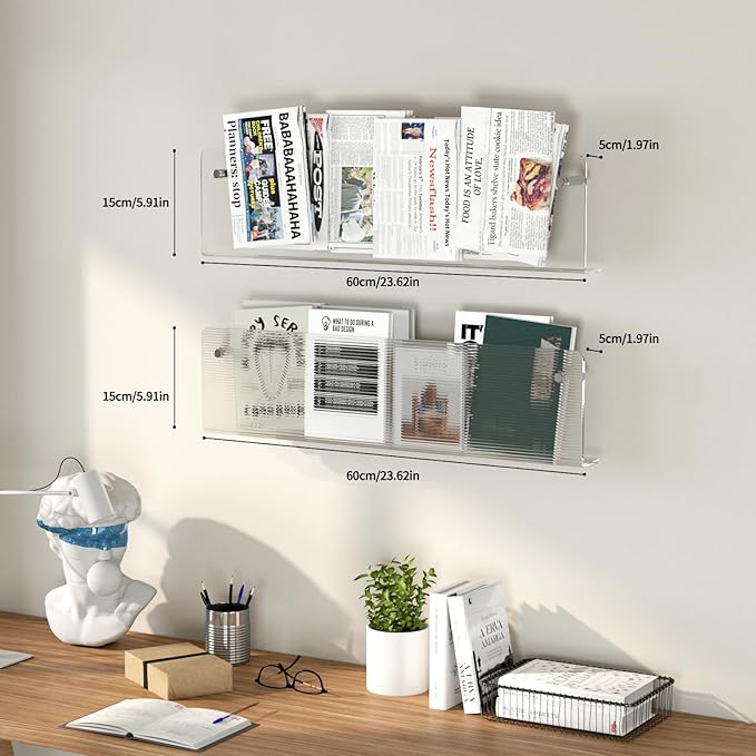 3 Pack Acrylic Magazine Holder and Vinyl Record Rack, 24" Wall-Mounted Display Shelf, Clear / Tea Brown / Ripple Pattern Wall Decor Racks for Living Room, Bedroom, or Music Room