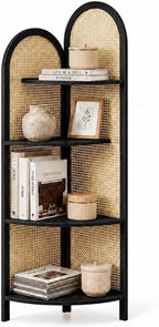 4 Tier Farmhouse Corner Shelf, 70" Tall Pine Wood and Rattan Corner Bookshelf for Small Spaces, Freestanding Display Shelf for Living Room, Bedroom, Bathroom, Kitchen, Black