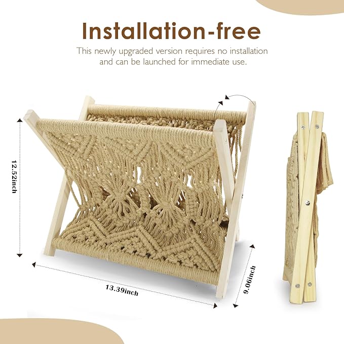 Boho Macrame Magazine Holder,Hand-Woven Magazine Rack for Home Office Desktop, Storage Basket for Letters, Magazines, Books and Newspapers (Brown)