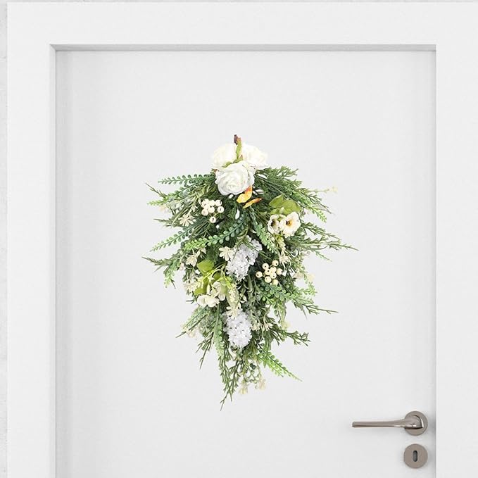 Artificial Flower Teardrop Swag Wreath Hanging Garland Welcome Sign 20inch Long for Farmhouse Decor Accessory Versatile