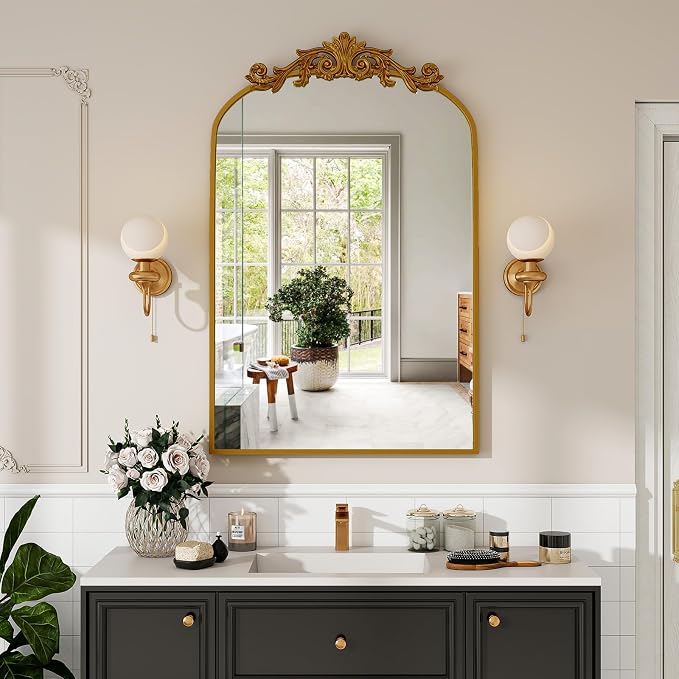 VooBang Vintage Arched Bathroom Mirror, 24x36 Inch Retro Wall Mounted Vanity Mirror with Carved Pattern Top and Metal Frame, Gold Decorative Mirror for Hanging or Leaning