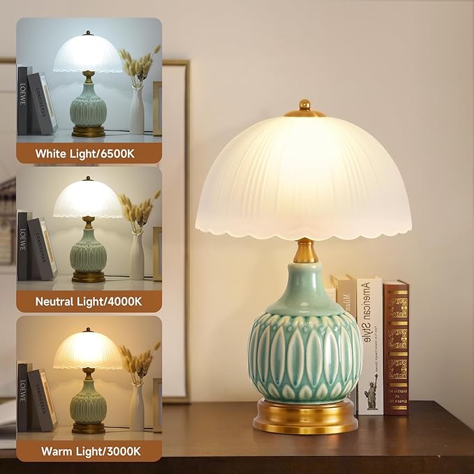 Table Lamps Ceramic Retro Lamp for Living Room,15.7" Modern Bedside Nightstand Traditional Lamps, Classic Chinoiserie Green Glass Lamp for Home (Retro)