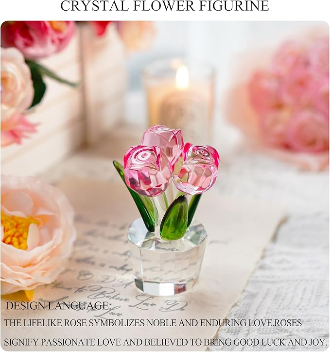 3.2 * 2in Crystal Pink Rose Flower Figurine Romantic Gifts for Wife Girlfriend Mom on Birthday Wedding Home Decorations