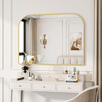 Gold Wall Mounted Bathroom Mirror - 38 x 30 Inch Round Cruved Top Right Angle Bottom Wide Wall Mirror, Aluminum Metal Framed, Decor for Living Room, Bedroom, Fireplace, Mantle, Entryway