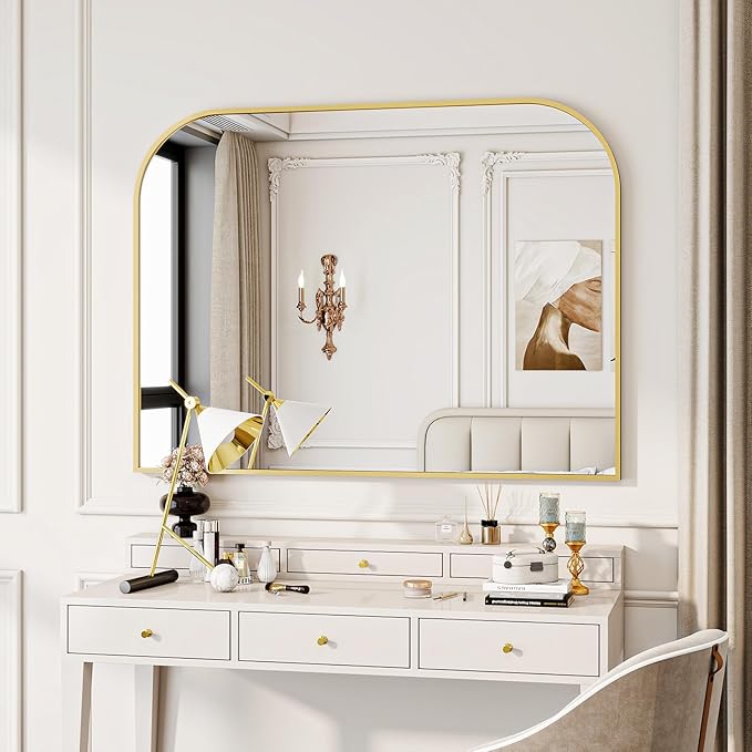 Gold Wall Mounted Bathroom Mirror - 36 x 24 Inch Round Cruved Top Right Angle Bottom Wall Mirror, Aluminum Metal Framed, Decor for Living Room, Bedroom, Fireplace, Mantle, Entryway