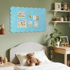 Lightomorrow Scalloped Bulletin Board, 36 x 24 Inches Felt Pin Board - Decorative Cork Alternative for Wall, Foldable Picture Self-Adhesive Vision Prayer Board with 20 Pushpins - Turqoise Blue