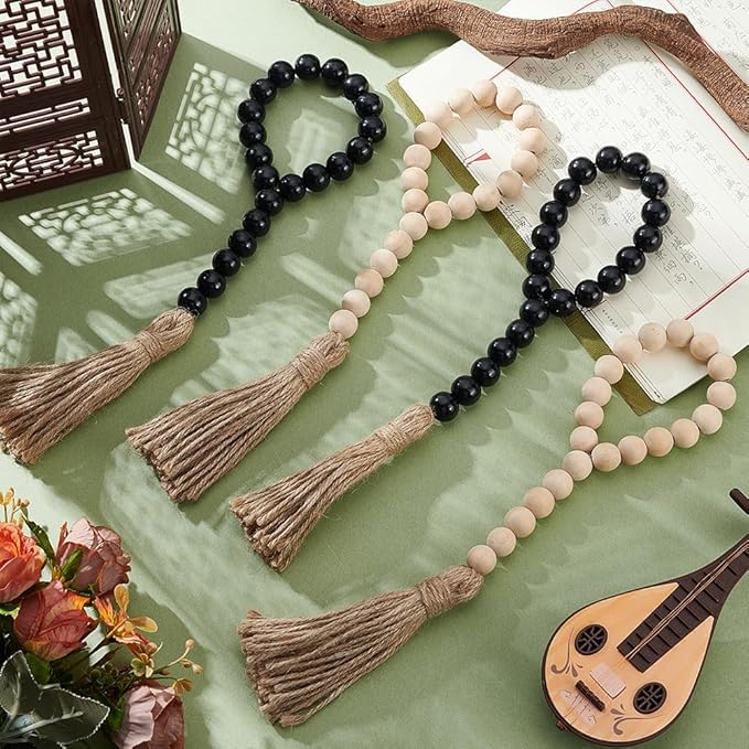 PH PandaHall 4pcs Wood Bead Garlands 12.6 Inch Decorative Wooden Hanging Bead Garland with Tassels for Vase Door Knob Hanging Ornaments Farmhouse Dector, Black/Natural Wood