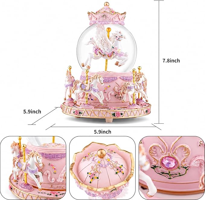 Magical Unicorn Snow Globe with “Somewhere Over the Rainbow” Music, Rotating Carousel Music Box, LED Lights & Glitter Snow, Perfect Birthday, Xmas, Valentine’s Gift, for Girls, Kids & Unicorn Lovers