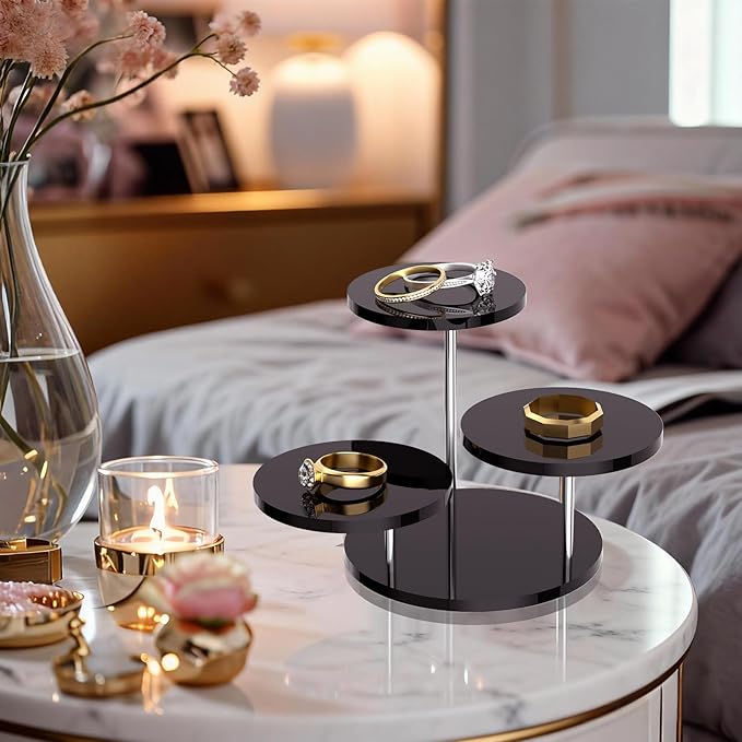 Round Acrylic Display Riser Stands, 3 Tier Jewelry Display Stands for Rings Earrings Mini Figurines 2 Pack(Black)