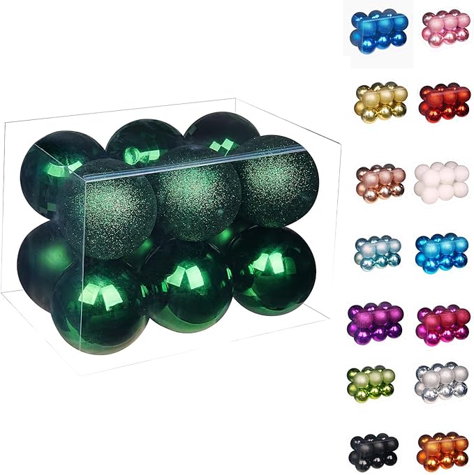Emopeak 12Pcs Christmas Balls Ornaments for Xmas Christmas Tree - 4 Style Shatterproof Christmas Tree Decorations Hanging Ball for Holiday Wedding Party Decoration (Dark Green, 3.2"/8CM)