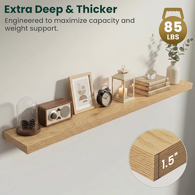 Floating Shelves for Wall 72 in x 9.3 in Deep, Wall Mounted Rustic Wood Shelf with Invisible Brackets for Storage & Display, Living Room Bedroom Bathroom, Oak, 1 Pack