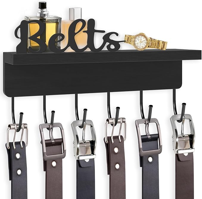 Belt Hanger Organizer for Closet, Wall Mount Belt Rack, Wooden Belt and Tie Organizer for Stores and Displays Mens Accessories (Length 9.8”) Black-Belts