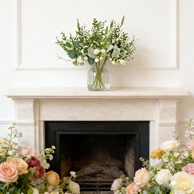vivimemo 6 Pcs Summer Green Stems, 18 inch Artificial Eucalyptus Stem with White Florals for Home, Party & Wedding Decor Green Picks for Table Fireplace Vase DIY Wreath Decor