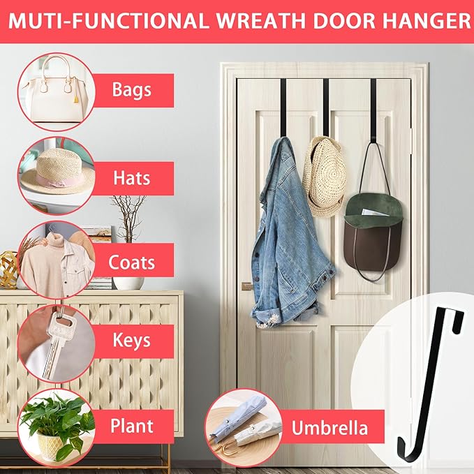 15” Wreath Hanger Over the Door Hooks, Non Scratch Wreath Door Hanger Hooks for Hanging Welcome Sign, Metal Wreath Hangers for Front Door Décor, Thin Door Hanger for Easter Halloween Home Decoration