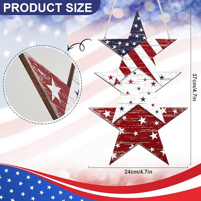 4th of July Decorations Wooden Welcome Sign, Wooden American Flag Star Wreath, Outdoor Wall Hanging for Front Porch, Memorial Day Home Decor (Retro)