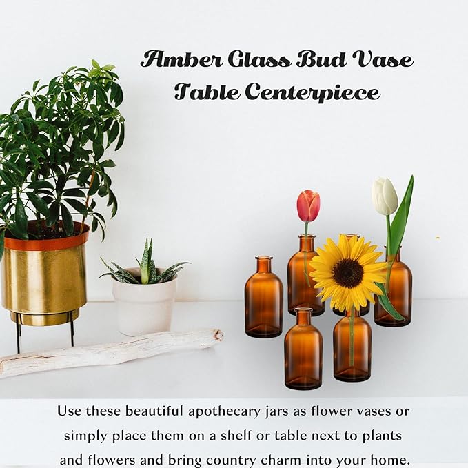 YOUEON 16 Pack Amber Glass Bud Vases, Small Bud Vases in Bulk, Glass Flower Vases for Centerpieces, Vintage Decorative Bottle Vases for Flowers, Home Decor, Wedding Reception, Office
