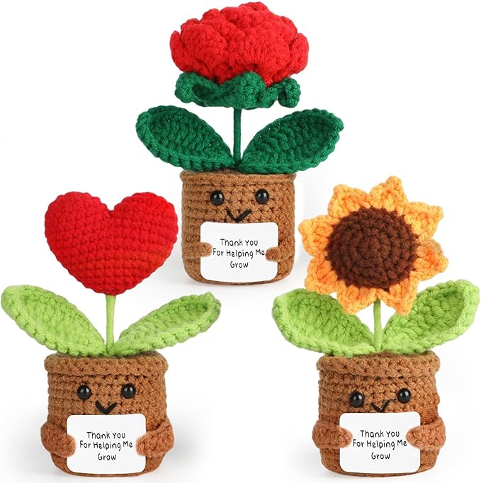 Graduation Teacher Appreciation Gift Positive Crochet Flower Heart Plant Emotional Support Sunflower Inspirational Handmade Knitted Doll with Thank You Card Motivational Crochet Birthday Present