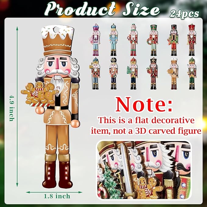 24 Pieces Christmas Nutcracker Wooden Ornaments, Wood Hanging Decoration Set for Christmas Tree Hanging 2D Printed Wood Crafts Holiday Decor Xmas Party Supplies (Xmas-Nutcracker-A)