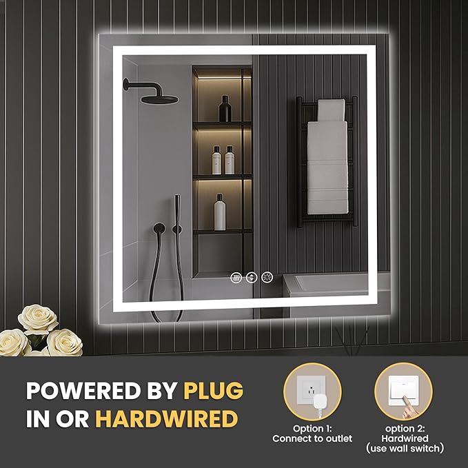 LOAAO 30"X30" LED Mirror for Bathroom, Lighted Bathroom Mirror with Lights, Anti-Fog, Dimmable, Memory Function, Clear Reflection