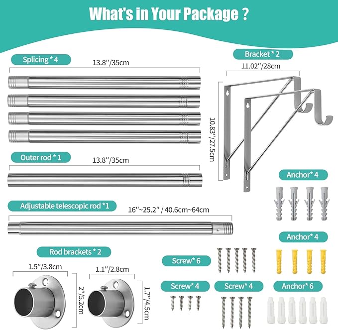 Closet Rod, 16 to 87 Inch Closet Rods Heavy Duty Adjustable Wardrobe Poles for Hanging Clothes and Heavy Duty Bracket Closet Pole Support (The Shelf NOT Included)(Silver)