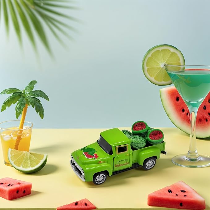 Watermelon Decor Mini Vintage Green Metal Pickup Truck with 6 Realistic Resin Mini Watermelons, Rustic Farmhouse Tiered Tray Decor for Kitchen Table, Happy Summer Party Home Decoration