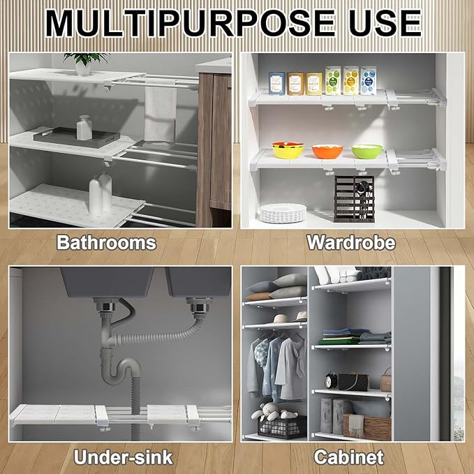 Gerrii 2 Pcs Closet Tension Shelf Rod Expandable Shelf Locker Organizer Adjustable Storage Rack Scalable Layered Divider Separator for Cabinet Wardrobe Kitchen Bathroom (23.62''-39.37'')