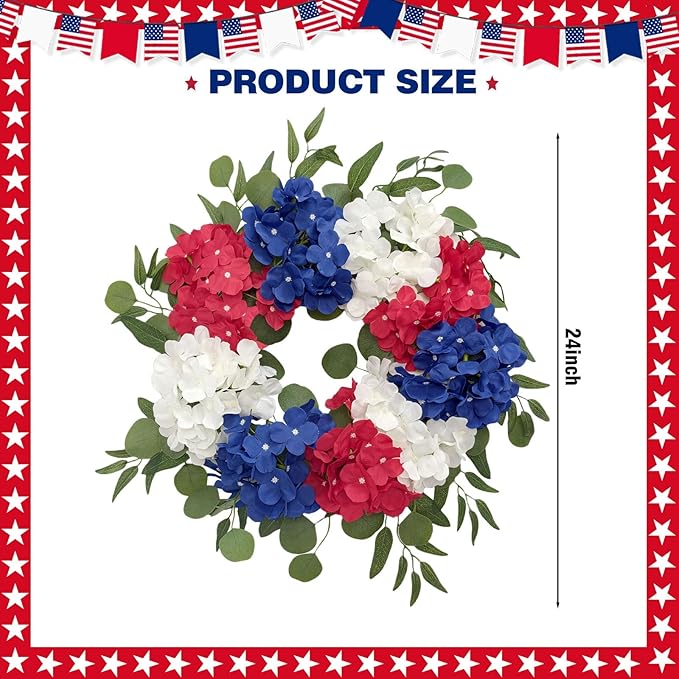 Patriotic Wreaths for Front Door 24 Inch 4th of July Wreath, Red White Blue Flower Wreaths, Perfect Memorial Day and Independence Day Decor