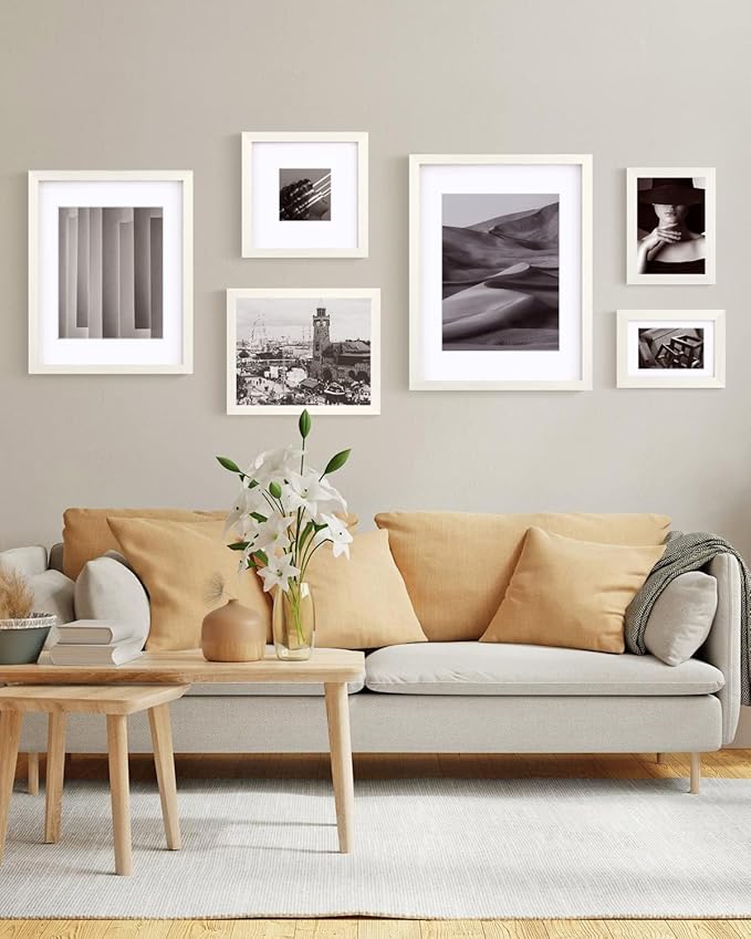 Egofine 12x16 Picture Frames Set of 4, Made of Solid Wood Covered by Plexiglass 9x12 and 11x14 with Mat or 12x16 without Mat, for Wall Mounting Photo Frame Beige