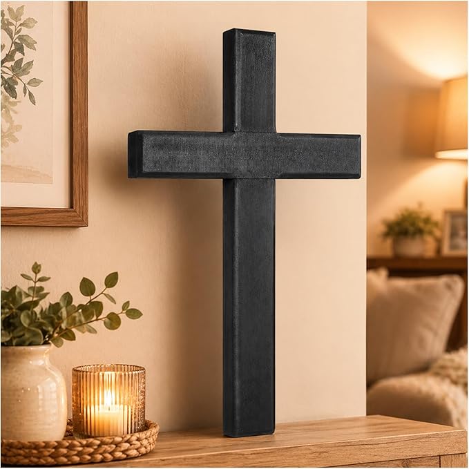 NUOBESTY 1Pc Wooden Cross for Wall, Black Christian Wall Decor Rustic Wood Hanging Accent for Indoor Home Prayer Room Church Baptism Confirmation Wedding, 11.02 x 6.30 x 0.79 in