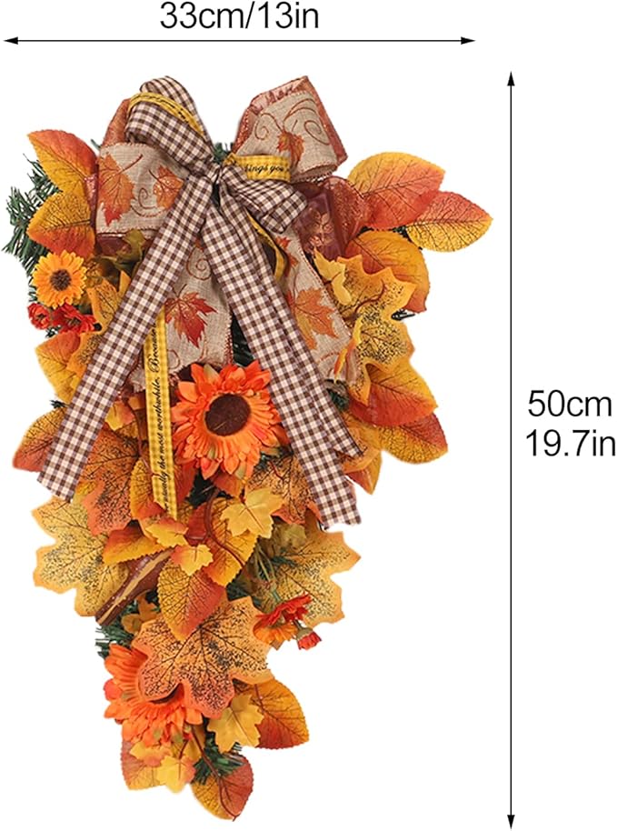 Harvest Teardrop Swag, 20inch Fall Teardrop Swag with Maple Leaves, Bow and Sunflowers, Autumn Decorative Swag Fall Floral Swag for Home Door Wall Decor(Without Light)