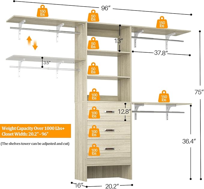 Closet System with Drawer - 8FT Wood Closet Organizer System with 3 Hanging Rods and Shelving Tower, 96" Walk In Closet Organizer Wardrobe, Heavy Duty Garment Rack Clothes Rack, White Oak