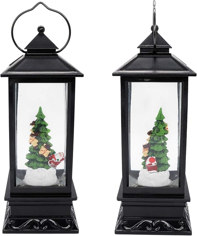 Wondise Lighted Musical Snow Globe Lantern with 6 Hour Timer, 12 Inches USB Powered & Battery Operated Spinning Water and Swirling Glitter Christmas Snow Globe Lantern Gifts(Santa and Tree)